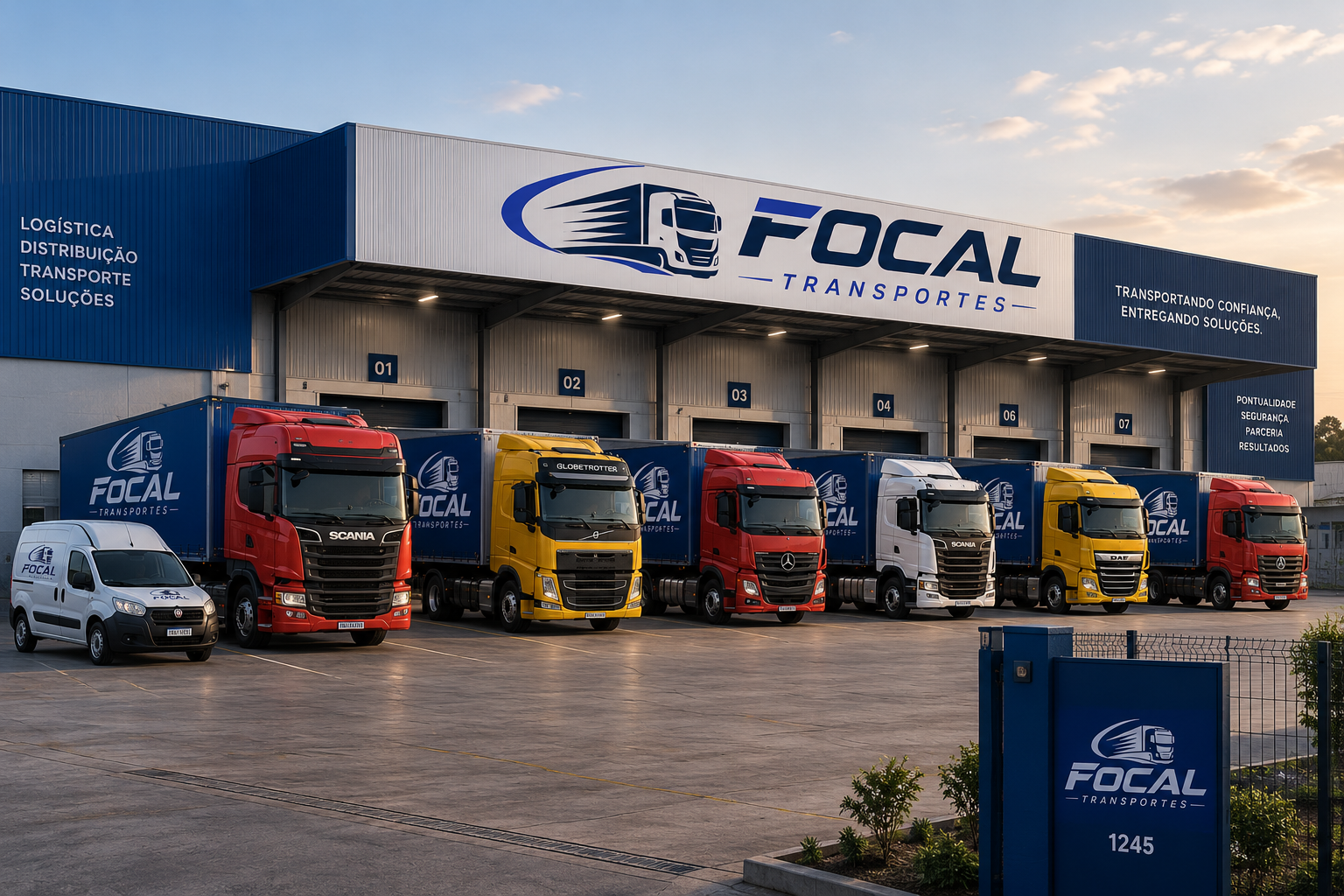 Frota Focal Transportes com caminhões e furgão estacionados na sede da empresa.